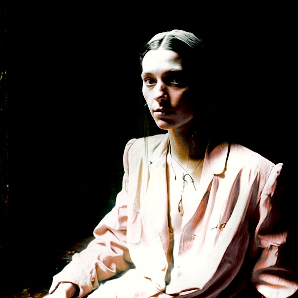 Seated woman wearing a kopp on her head