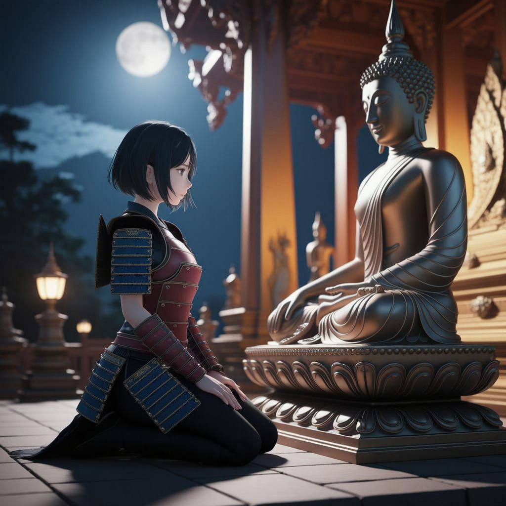 Anime Samurai Kneels Before Buddha in Moonlit Thai Temple