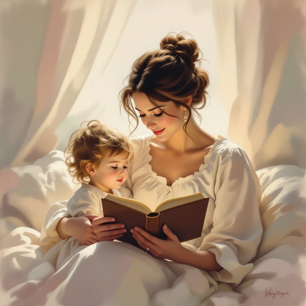 A mother reading a storybook to a child. 