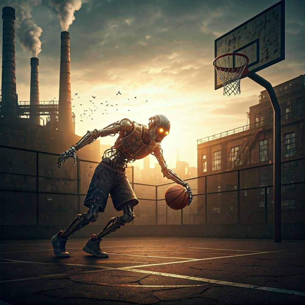 *A hyperrealistic, cinematic illustration of a solitary robot made from scrap parts playing basketball ...  by @MythsCreator
