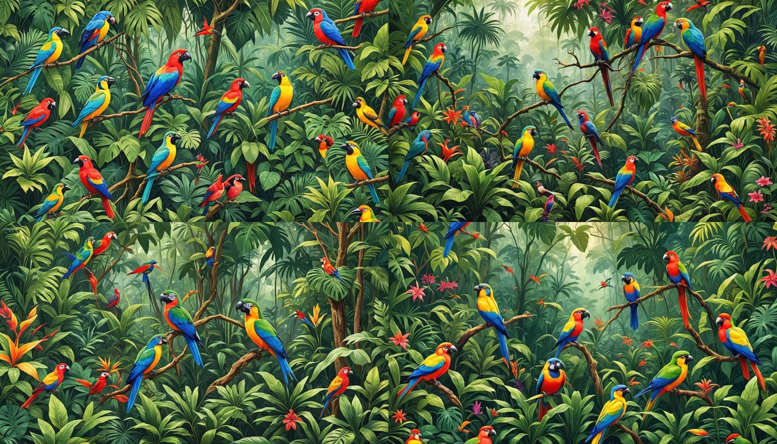 A lush tropical rainforest with bright exotic birds perched ...