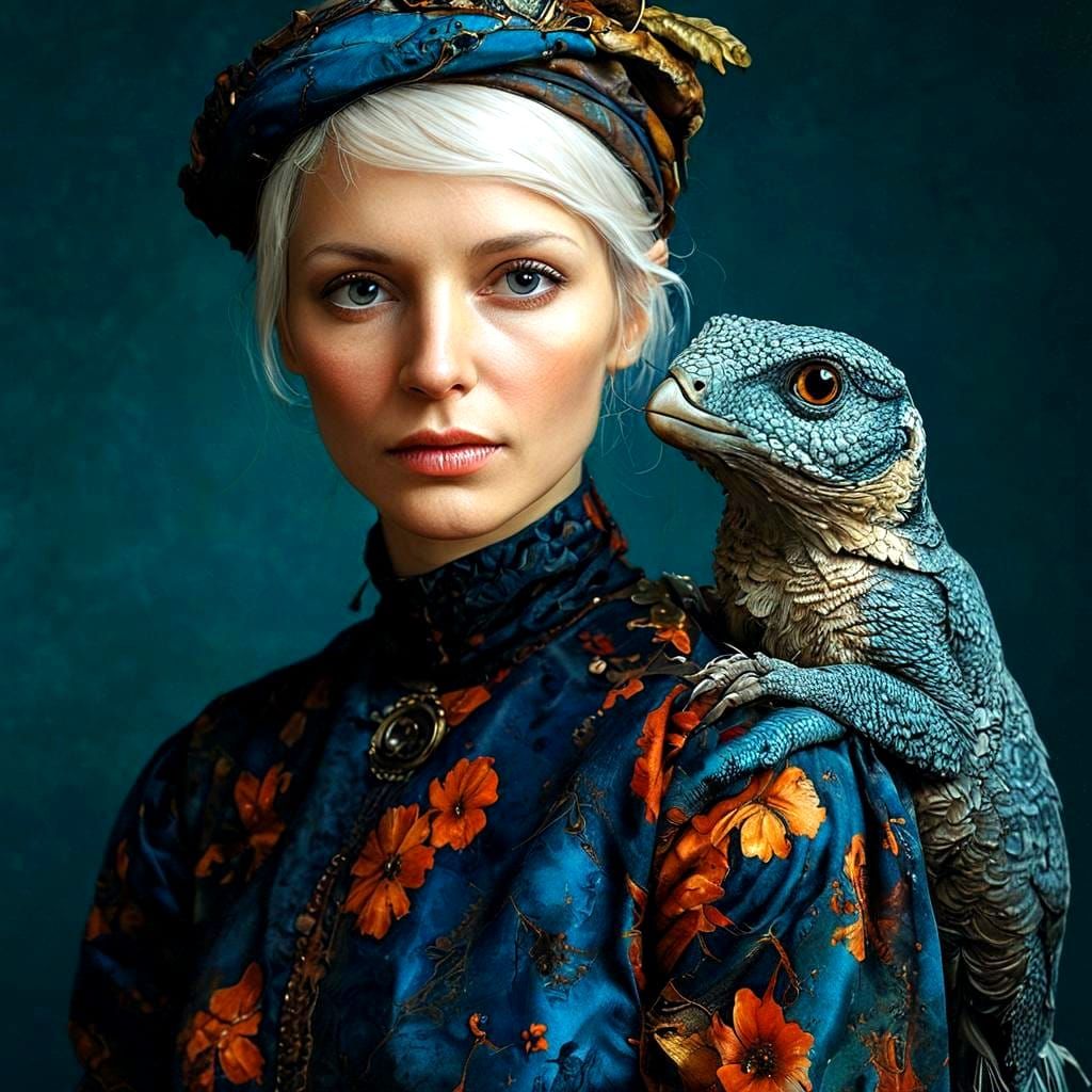 Surrealistic Portrait of a Lady with Fantastical Creatures