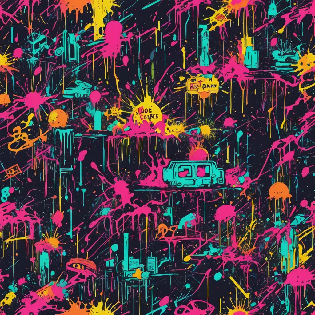 i don't care about living. splash art, new wave, neon dystop...