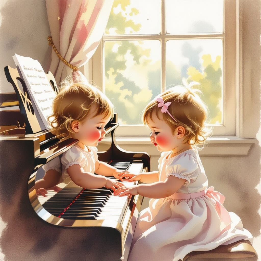 Two Babies Play Grand Piano in Golden Light