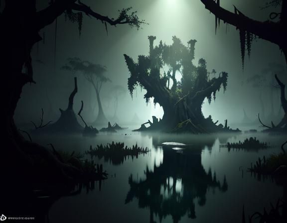 A bullywug in a swamp, fenn, bogg, mangrove, 3D Game Cinemat...