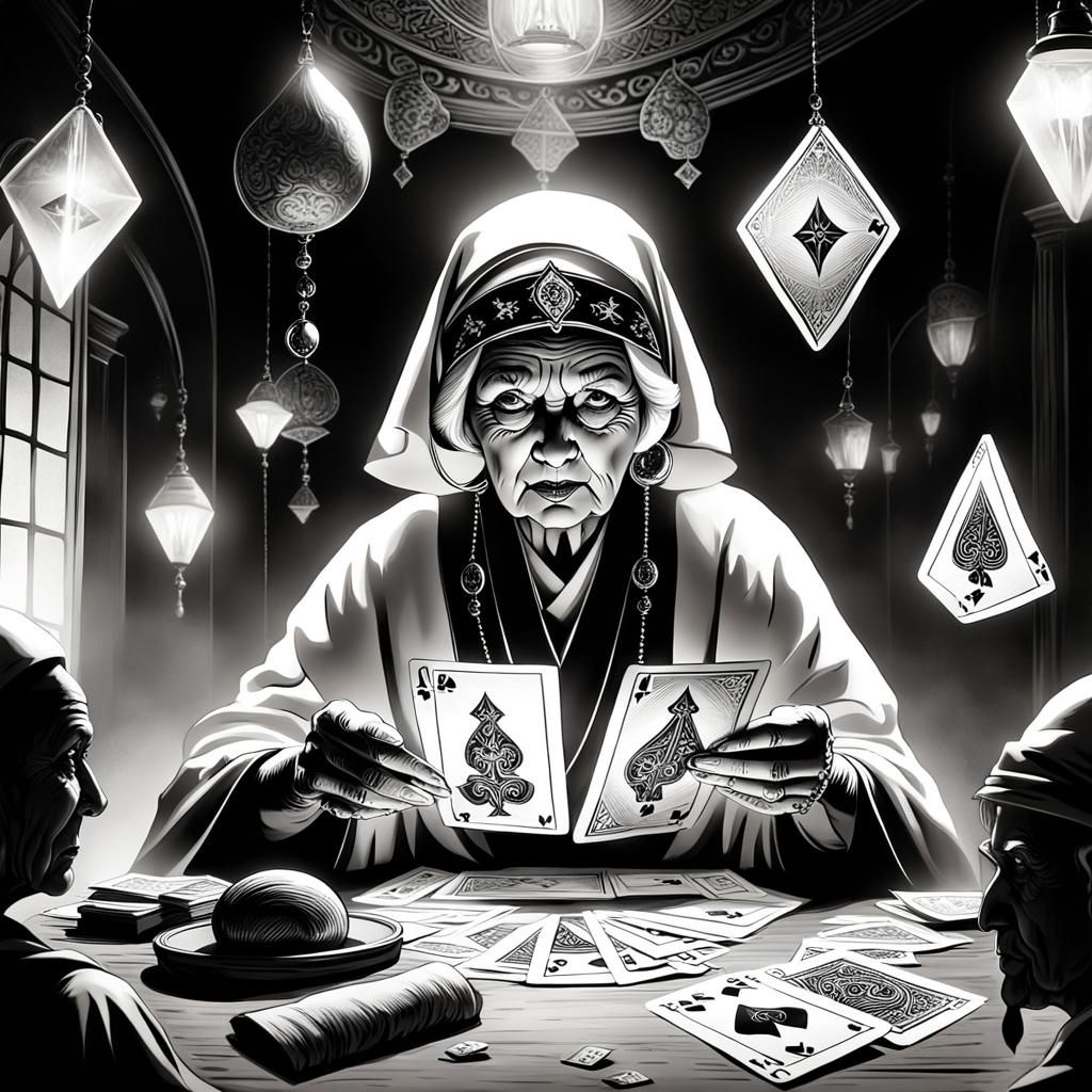 An enchanted fantasy tarot card, 3D effect, angry human face exiting out of the card, perpendicular viewpoint, fortune-teller older lady rea...