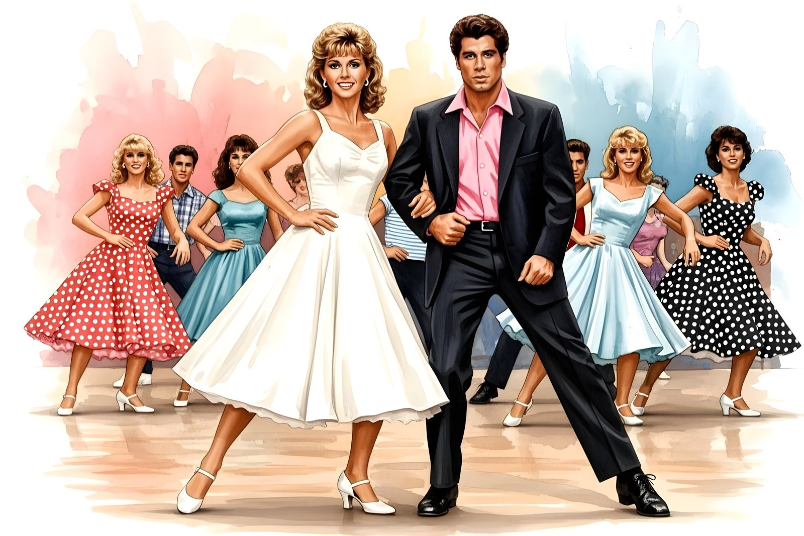 Sandy and Danny high-school dance watercolor  by @Gary Murakami