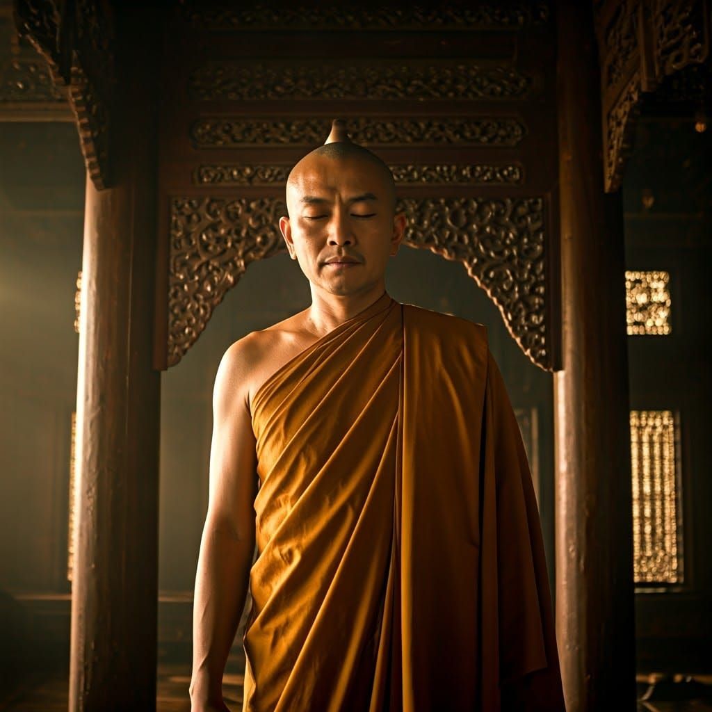 Contemplative Subhuti in Ornate Hall, Ethereal Ambiance