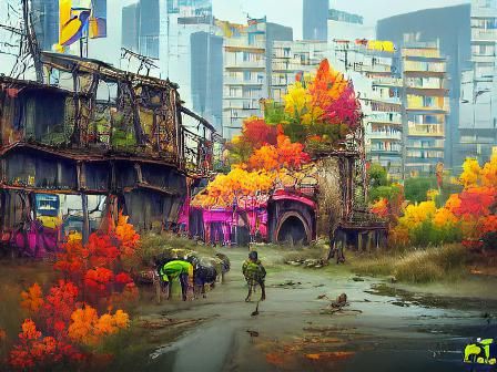 a post-apocalyptic city in the autumn where nature has taken...