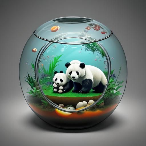 Panda Bear in Terrarium with Abstract Fractals