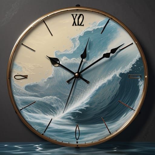 Stream water flows from a hyper-realistic wall clock, a luxurious home, precision of the smallest details