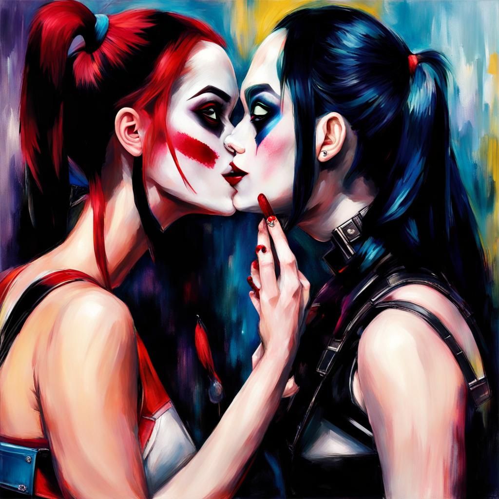 two harley quinn kissing. two women.