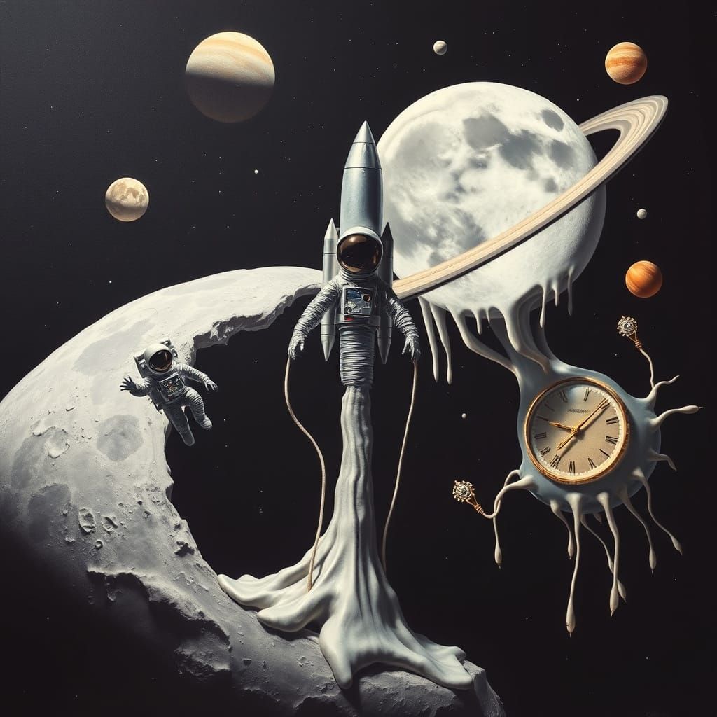 A surreal painting in the style of Salvador Dalí, featuring an astronaut floating in space near the Moon. A twisted, melting rocket stands o...