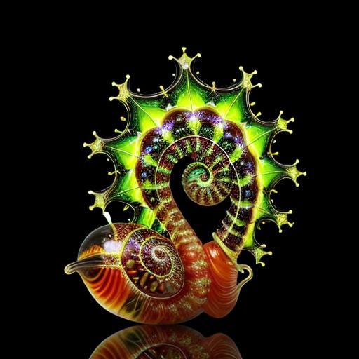 Transparent glass snail-shell filled with bioluminescent fractal plants. Luminous opalescent. Blood red. Insanely detailed beautiful snail w...