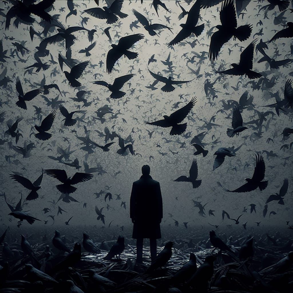 Eerie 16-bit Birds Circle Lone Figure