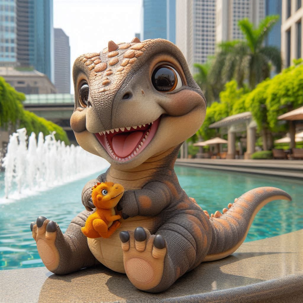 Cute baby brontosaurus smiling at the fountain