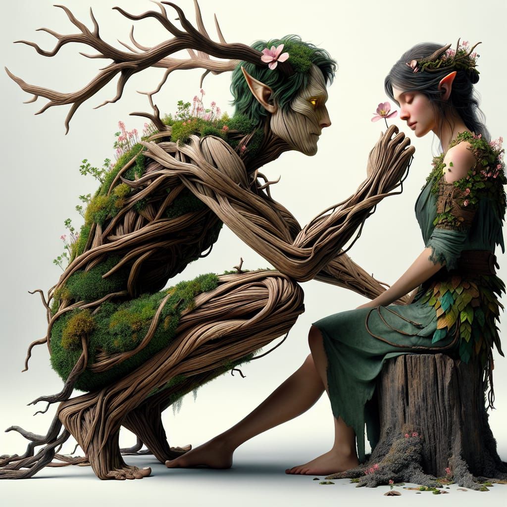 distant side profile fill body sitting view of beautiful human maiden dryad green leaf sewn body covering makeshift rags while touching the ...