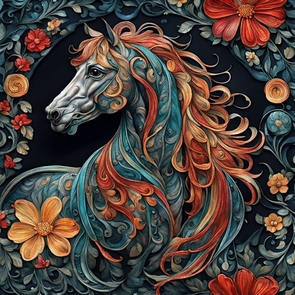 Vibrant Art Nouveau Horse Illustration