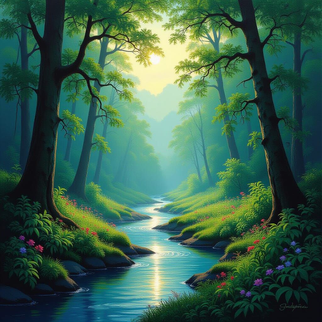 Lush Forest River Landscape in Hudson River School Style