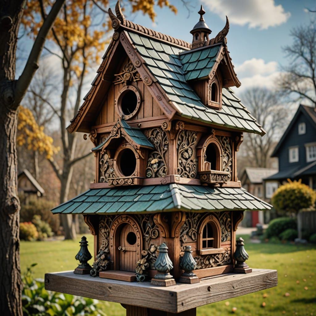 A beautiful detailed birdhouse on a big potch intricate details, HDR, beautifully shot, hyperrealistic, ...  by @Zwelinzima 