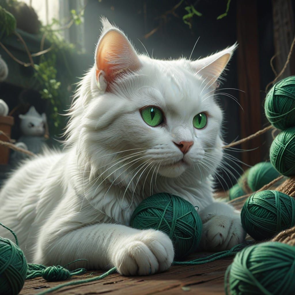 Green eyes with white cat  by @Black Cat