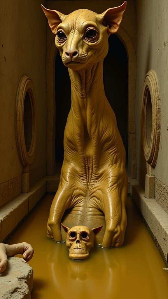 <lora:Chiaroscuro:1.0> Zdzisław Beksiński Style, Pretty Woman in golden Bath, hyperrealistic, extremely sharp focus