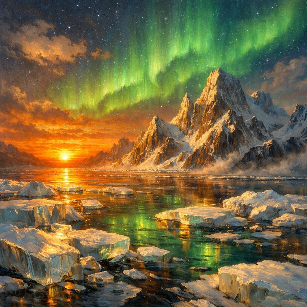 Aurora Sunset Over the Glacial Peaks  by @dreampixel_ai