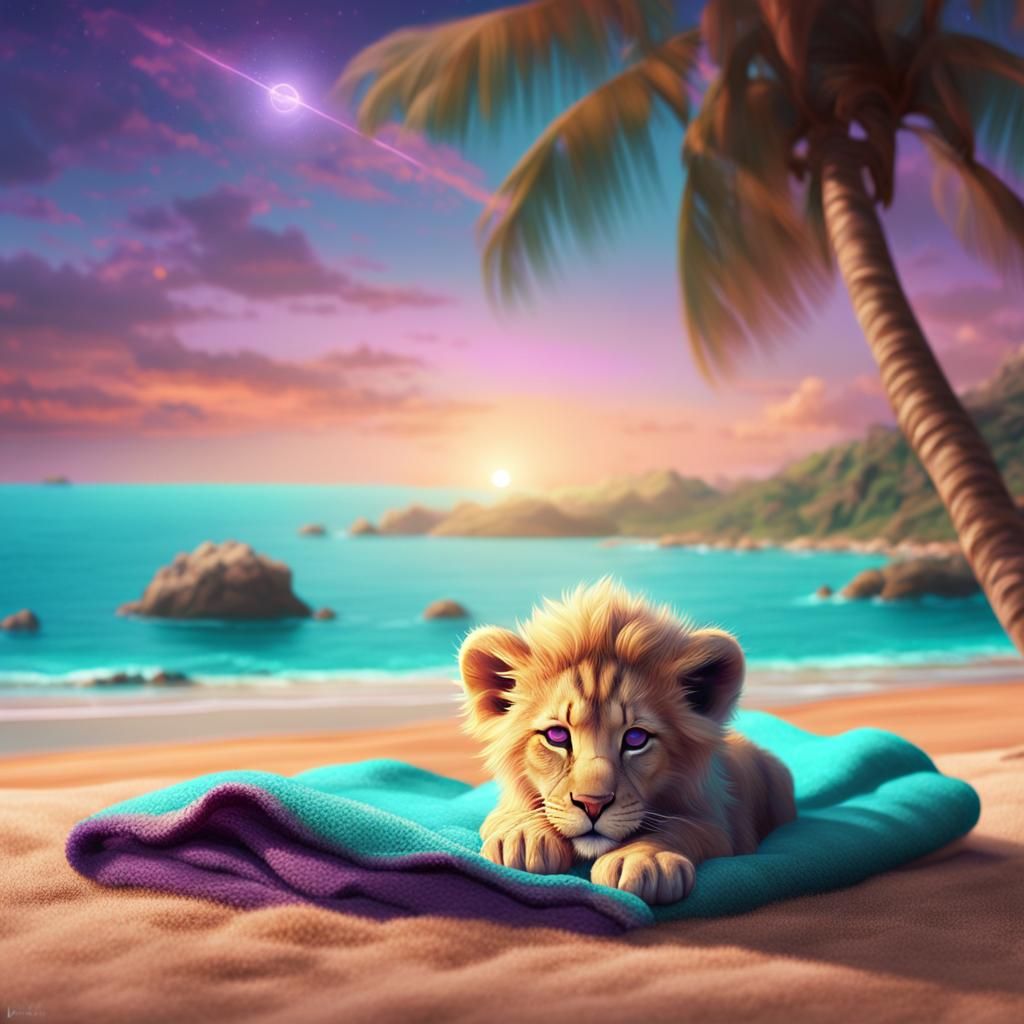 Lion Cub on Tropical Beach: Digital Matte Painting