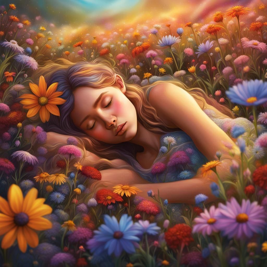 fairy sleeping in a field of colorful wildflowers