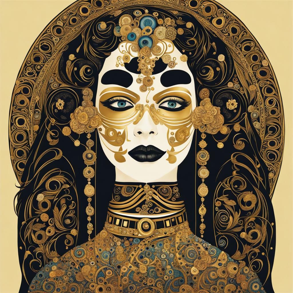 Girl with Death Mask (She Plays Alone) in the style of Gustav Klimt