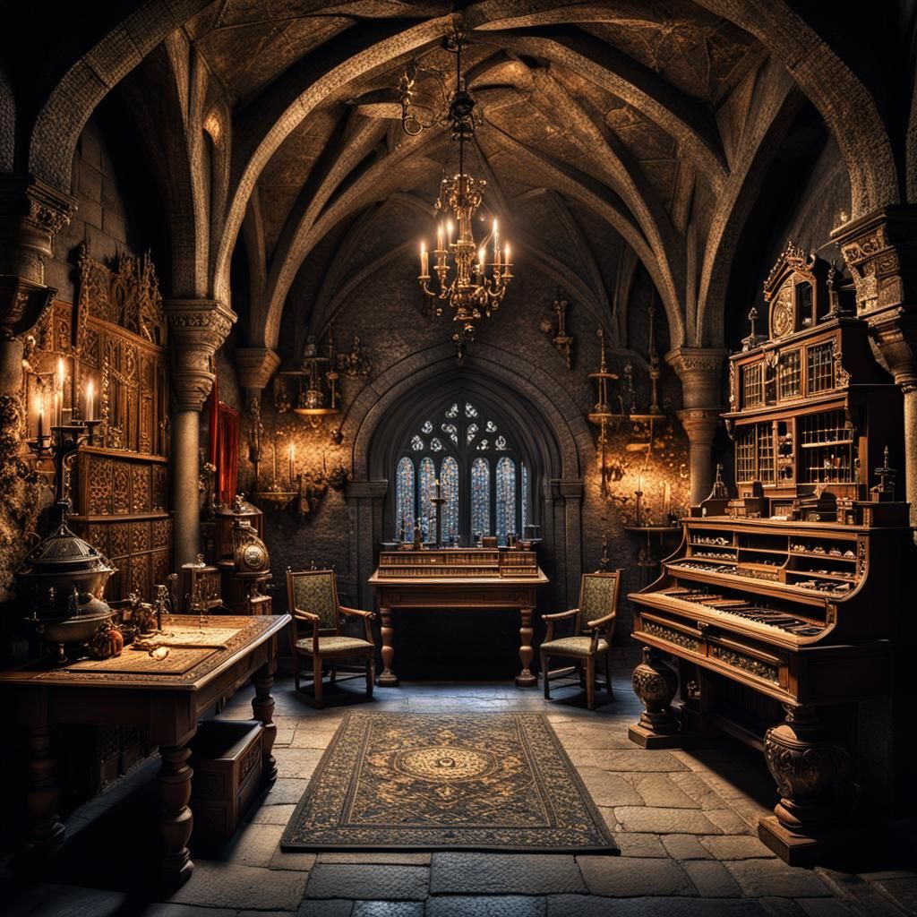 Intriguing dimly lit chamber of medieval lair