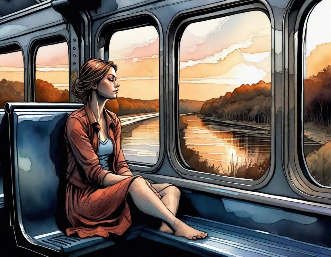 A woman sitting on the train after long day of work, looking out at the scenery, lost in thoughts.   by @Sunil