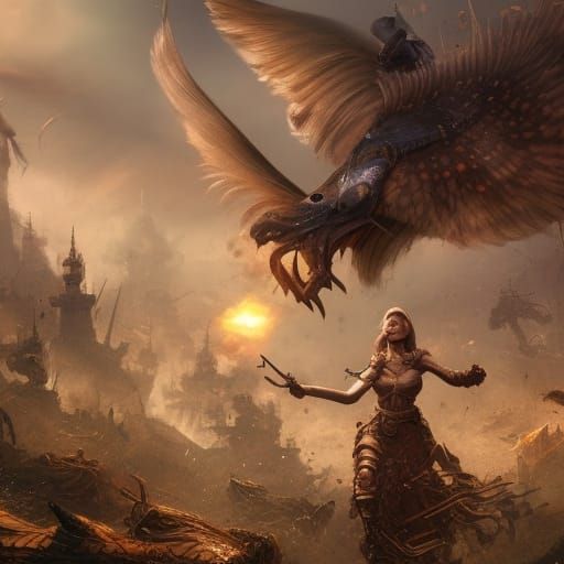 woman and her army of cats on a battlefied, war, action shot...