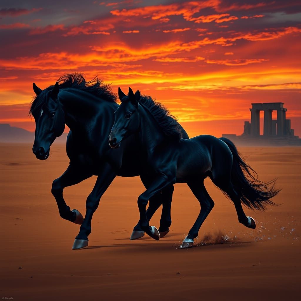 Black Horses Galloping Across Mystical Desert