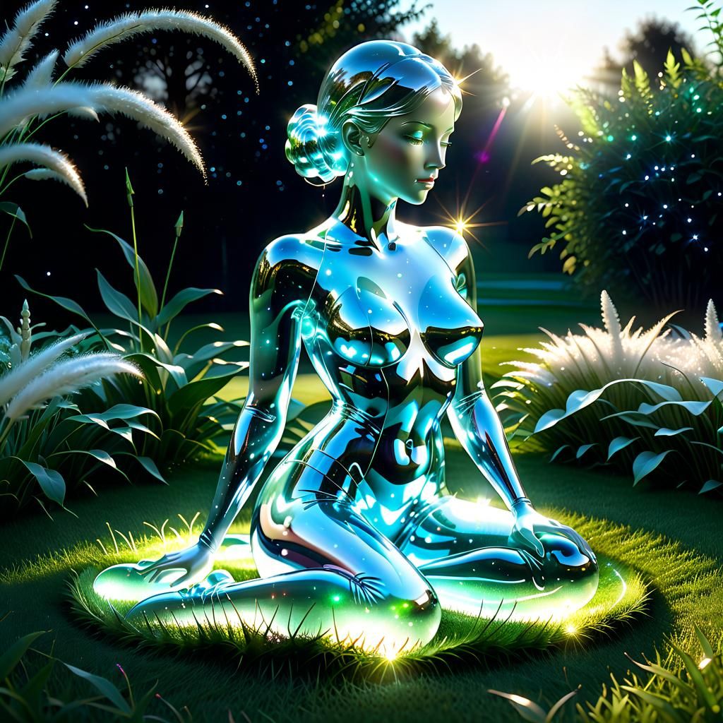 A transparent glass woman sculpture sitting on the grass, photo-realism