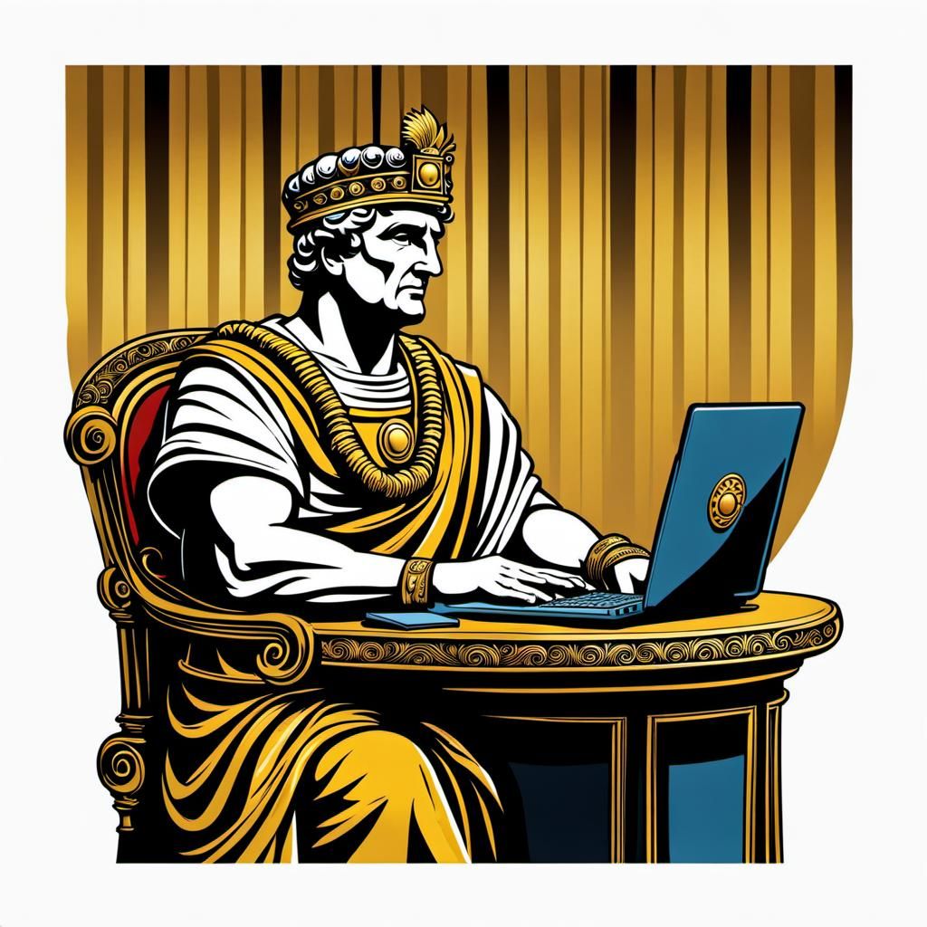 Roman emperor at his desk in his imperial office typing on his laptop.