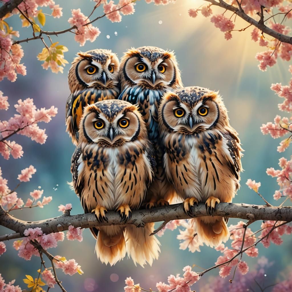 3 cute colorful fluffy owls sitting on a branch.
