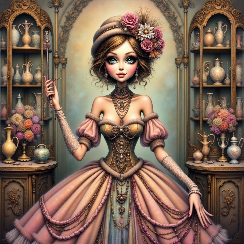<lora:Whimsical:1.0> <lora:Vintage Steam:1.0> A refined Victorian woman with intricate lace gloves and a lavish bustled skirt, surrounded by...
