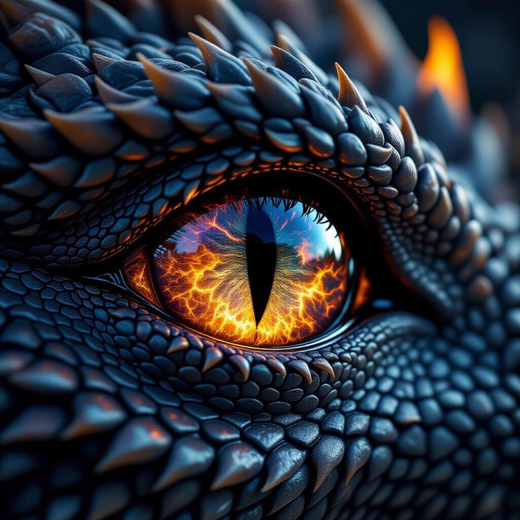 A photorealistic close-up of a dragon's eye, its scales shimmering with an ethereal, matte black iridescence, ...  by @J_