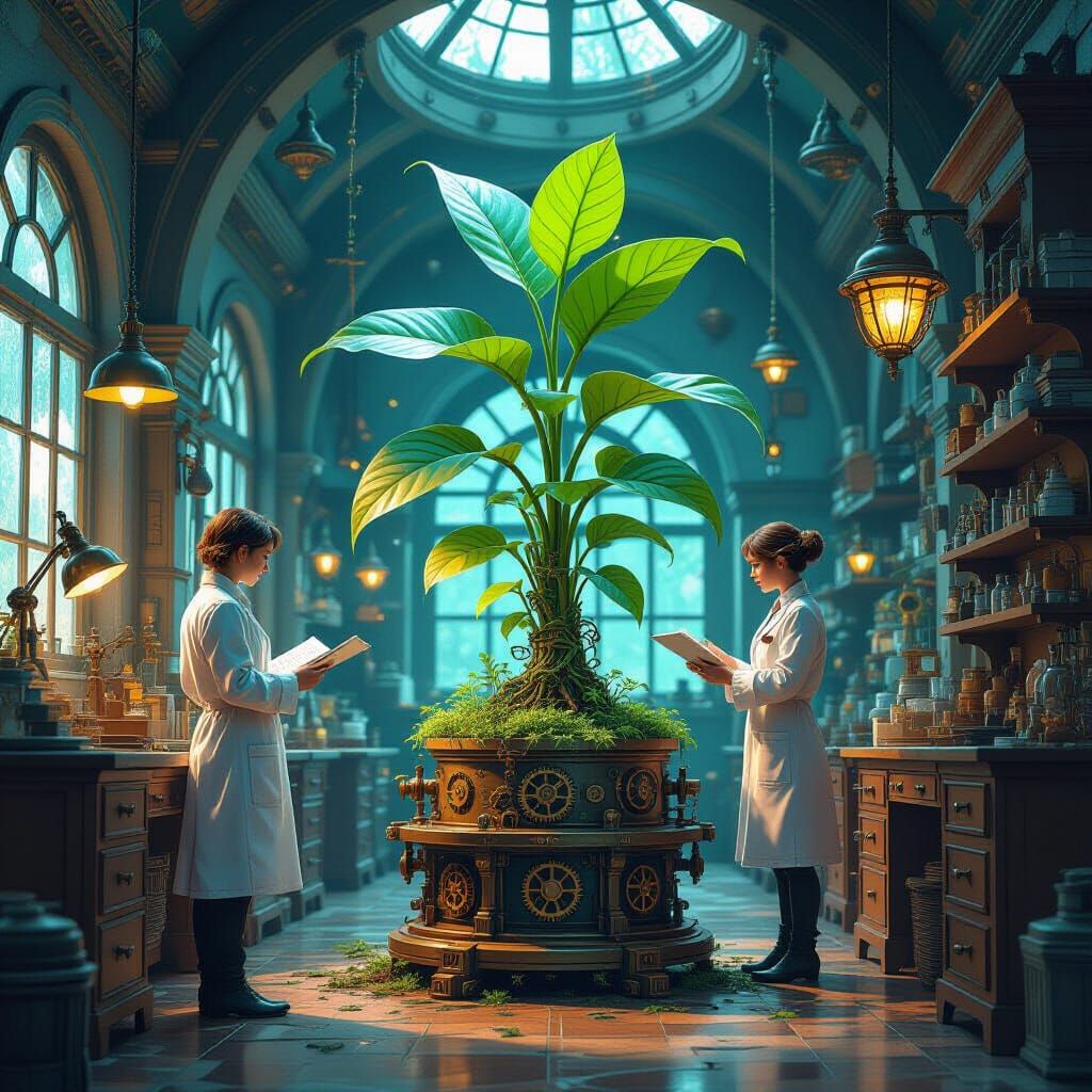Steampunk Lab: Scientist and Clockwork Dragon Plant