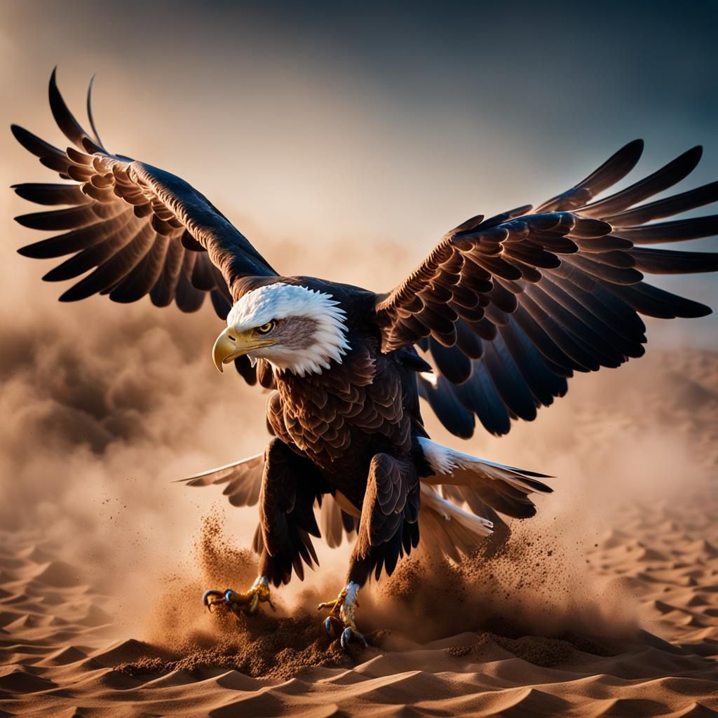An eagle landing on brown sandy soil.