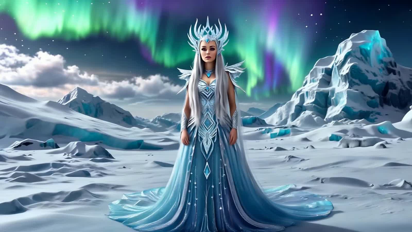 A majestic ice queen, adorned with crystalline armor and a gown woven from frost, stands on a frozen tundra under a swir...