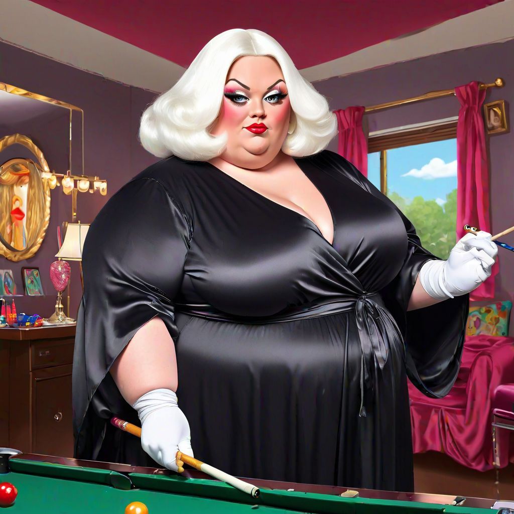 Poofy Extravagant Ultra Femme Fat Obese Overweight Drag Queens wearing Black Satin Caftan Kaftan Abaya playing Snooker a...