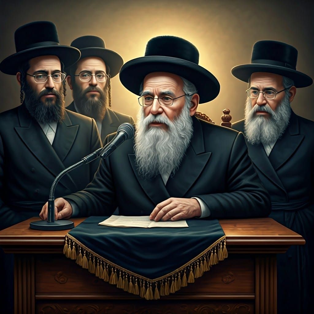 Elderly Jewish Rebbe Speaks with Authority in Formal Hasidic...