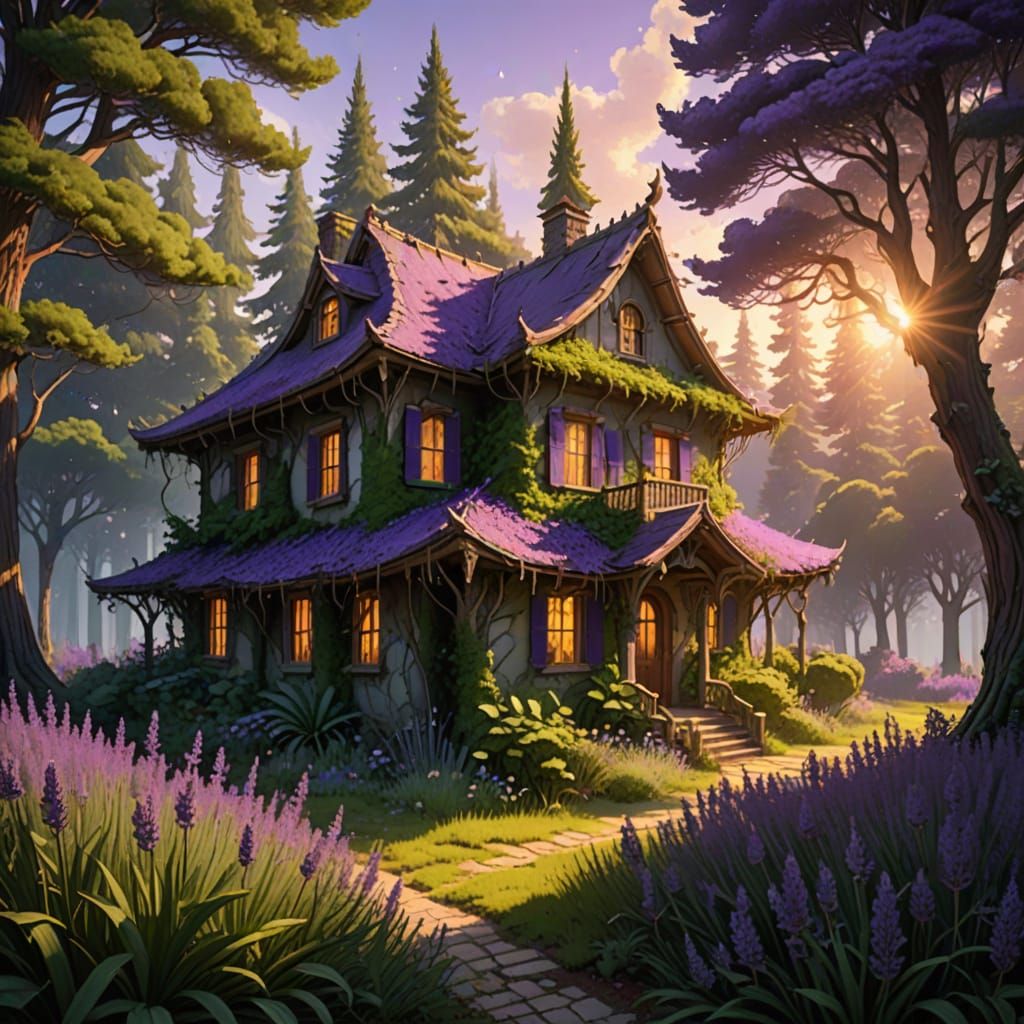 Giant Lavender in Forest Sunlight - Whimsical Digital Art