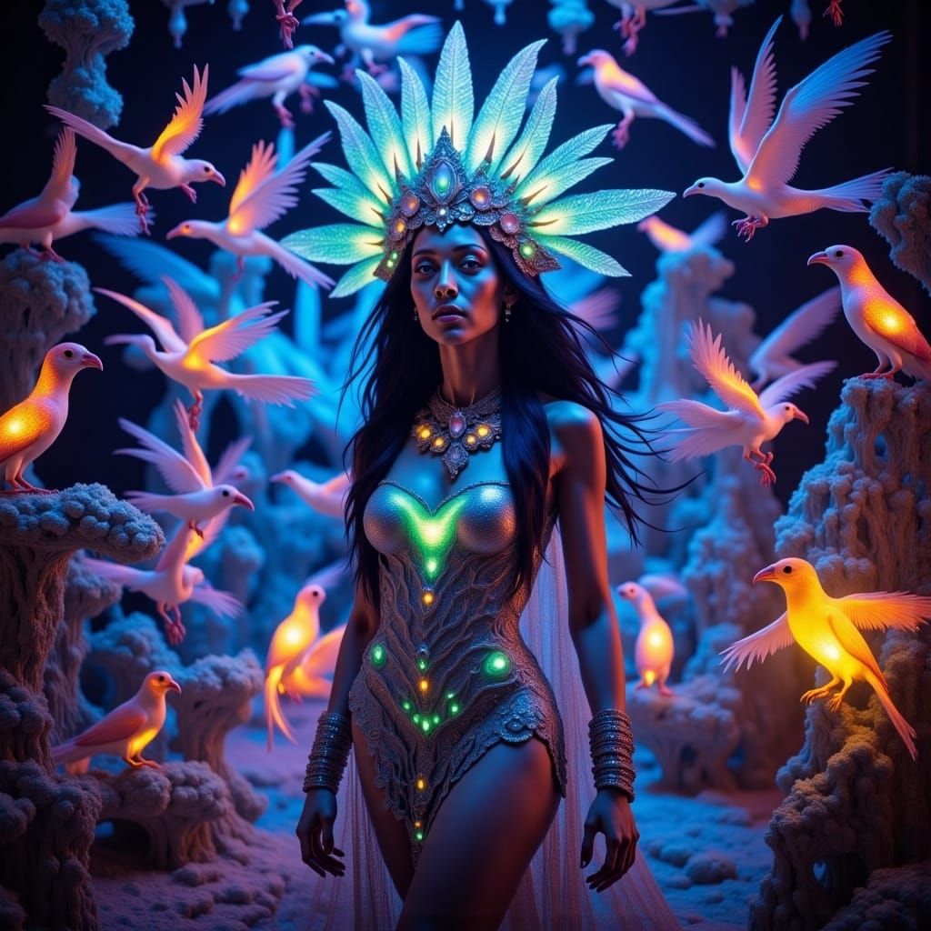 Amazing detailed photorealistic kaleidoscopic blacklight UV light portrait beautiful shaman surrounded by exotic birds bioluminescence, drea...