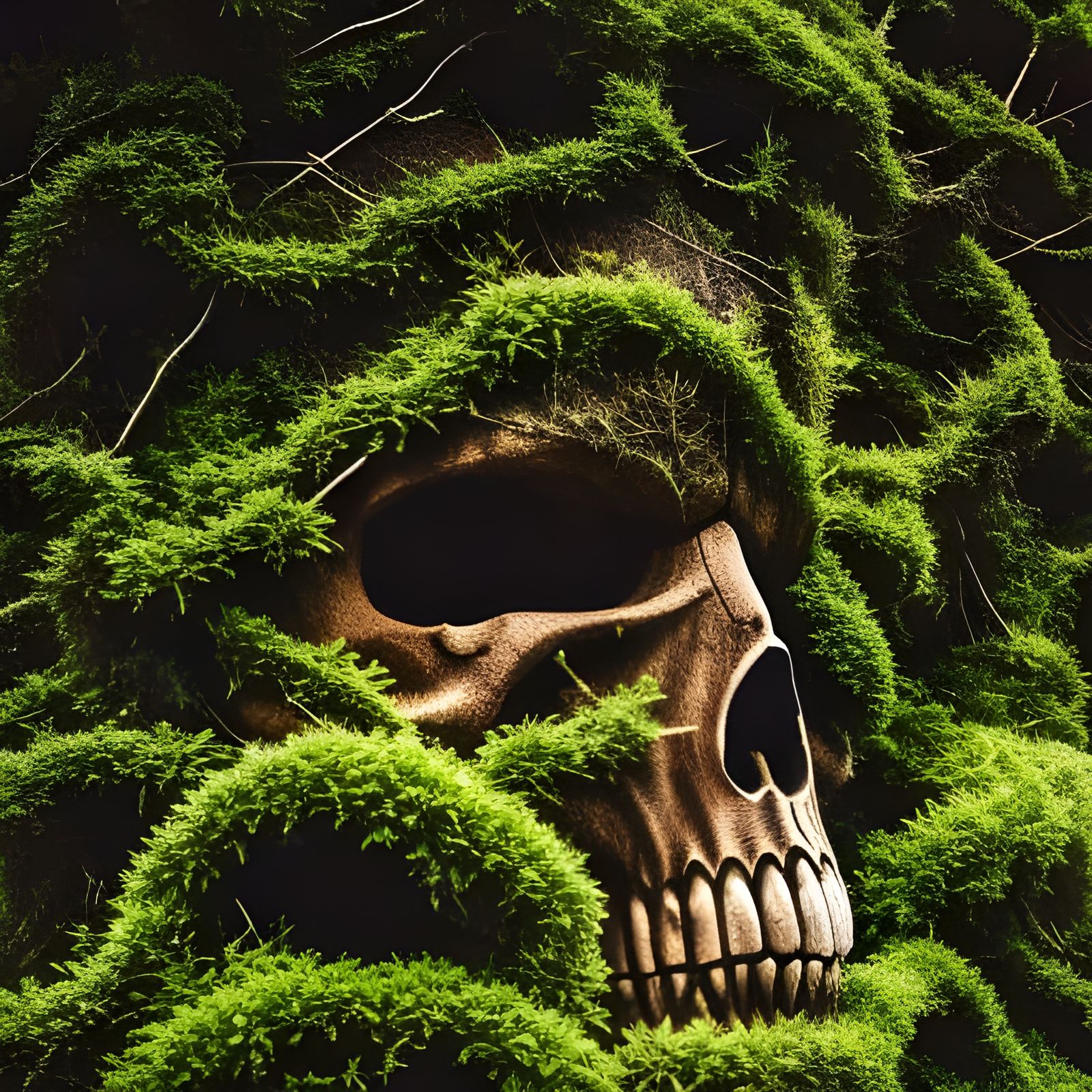 skull covered in vines