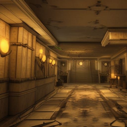 post apocalyptical world, inside of a hotel near the elevato...