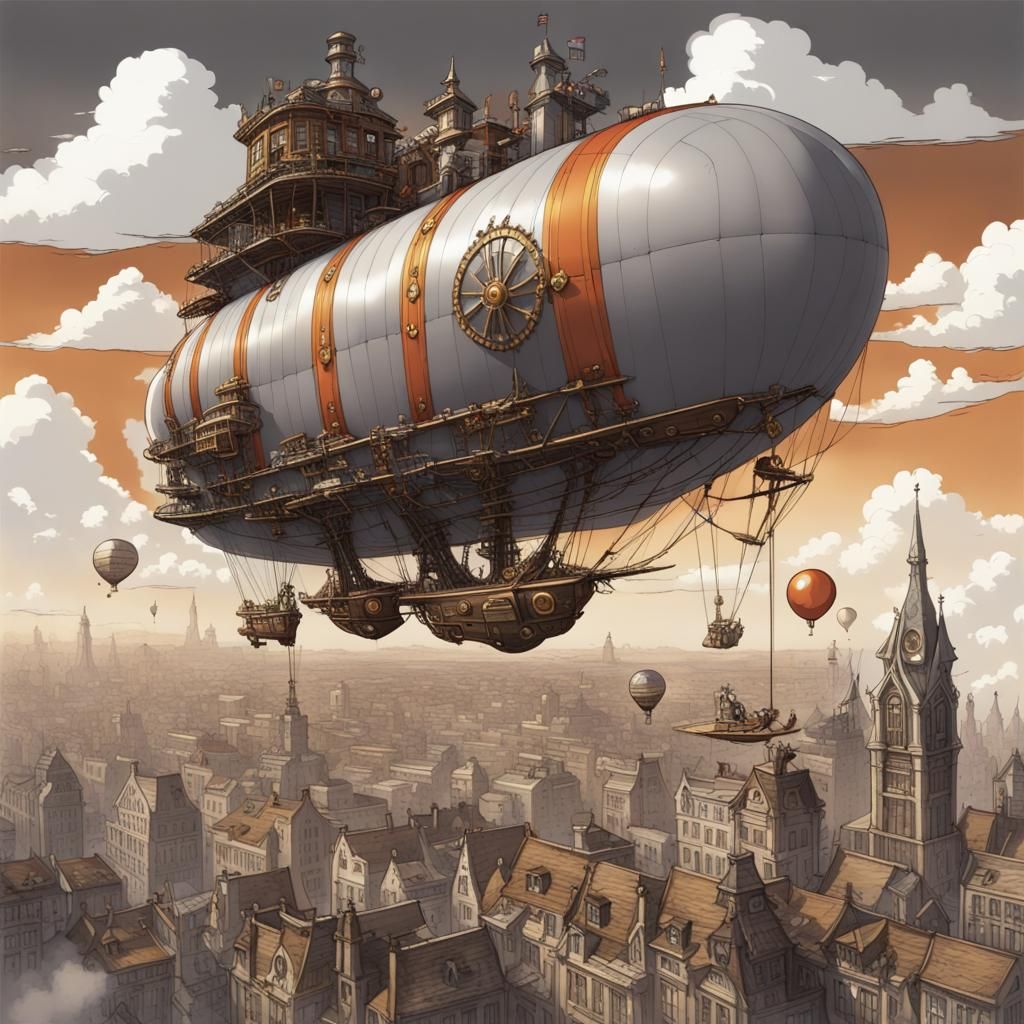 A steam punk style boat /airship Zeppelin has a body of a bo...