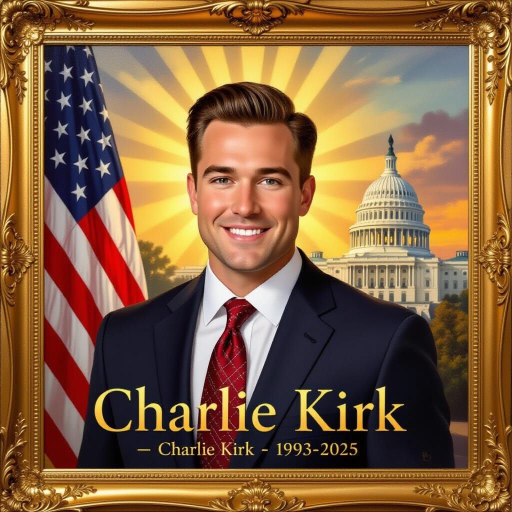 Realistic oil painting, solemn and reverent, honoring the one who was Charlie Kirk once. AI GENERATED, it's a try.